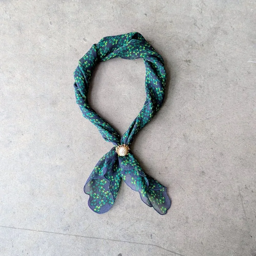 Vintage Echo Silk Navy Blue Green Yellow Floral Scalloped Square Scarf